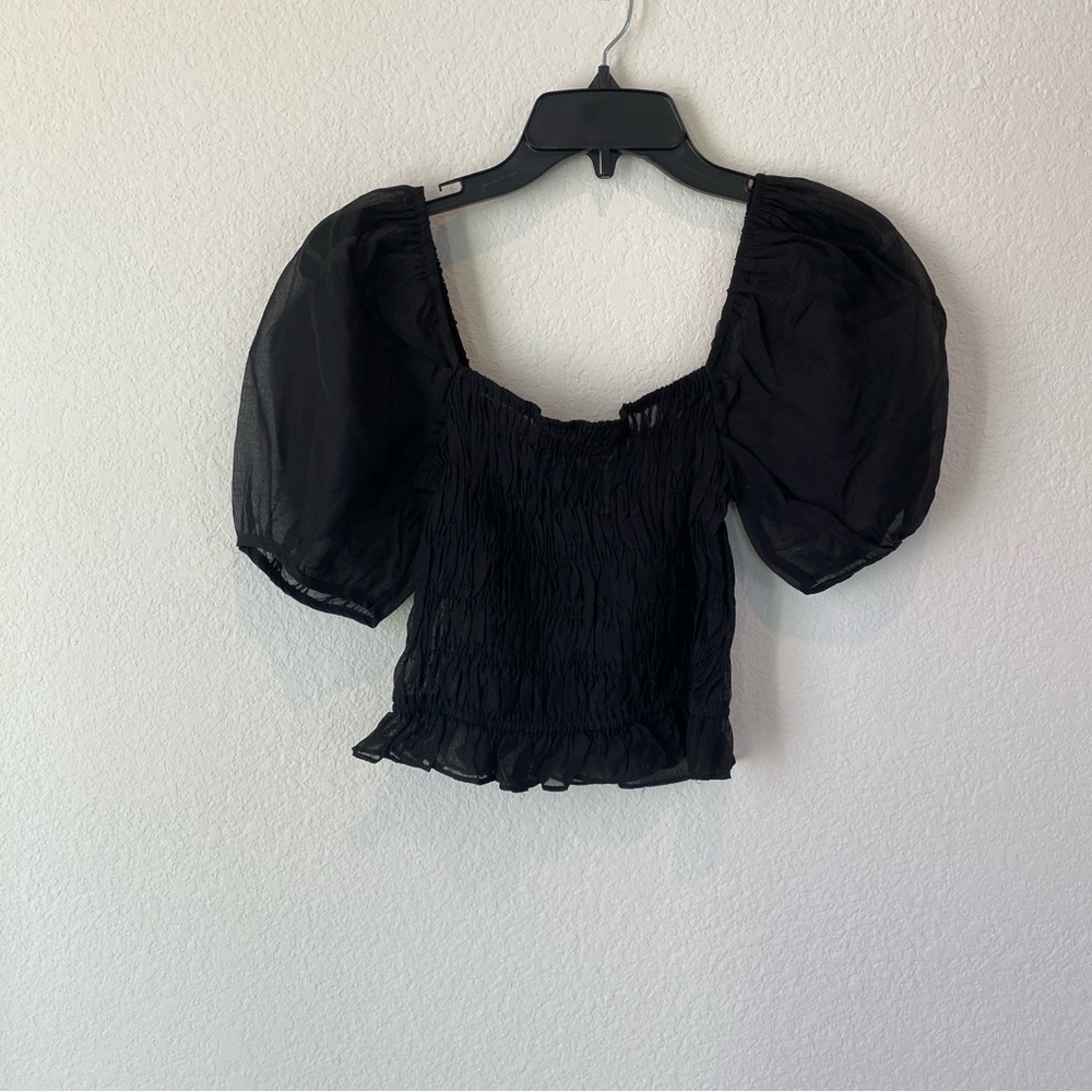 Sans Souci Black Puff Sleeve Silk Smocked Crop Top Size M